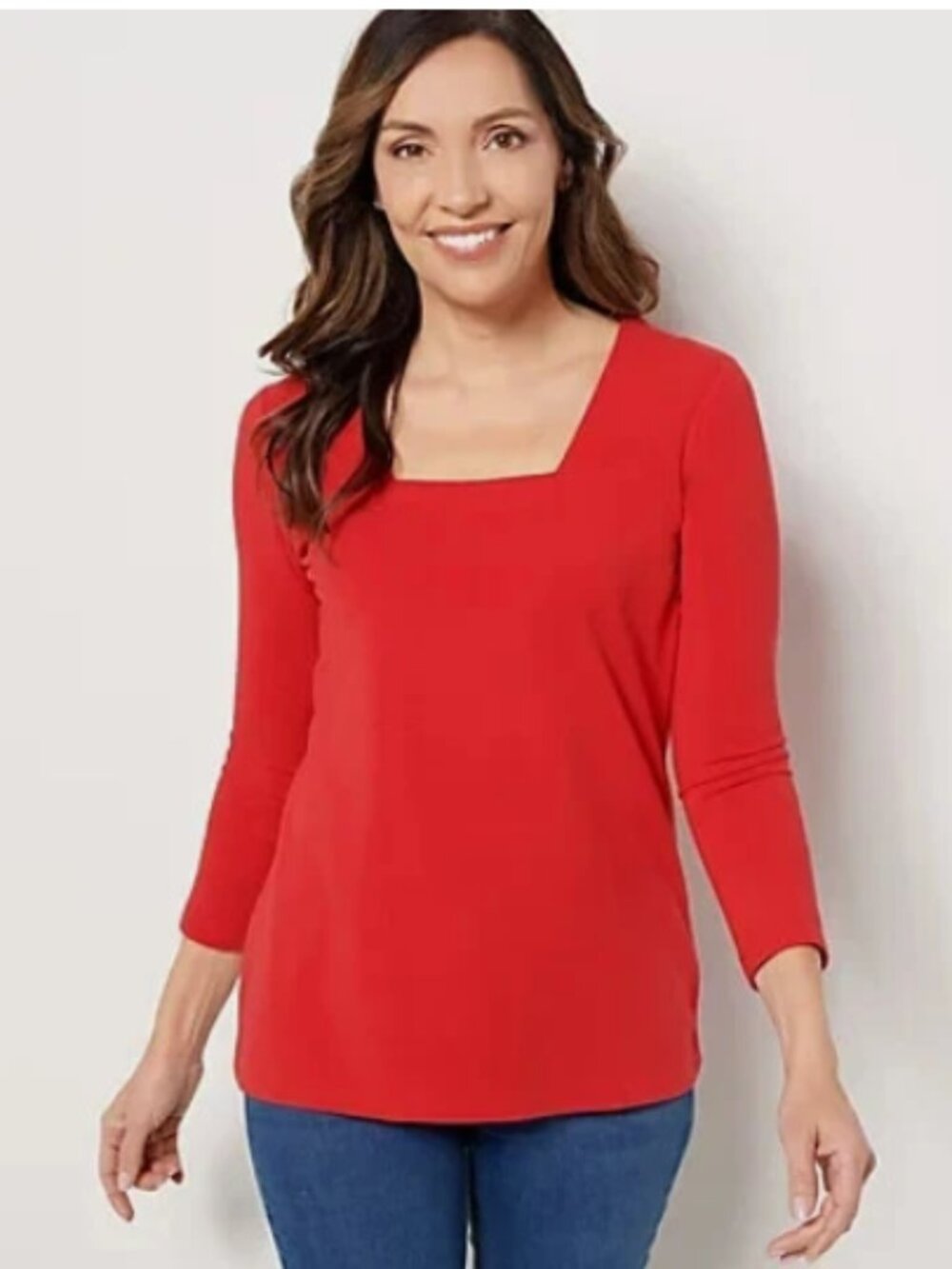 Susan Graver Weekend Essentials Comfy Cotton Square-Neck Top-Cherry-XXS-A470158